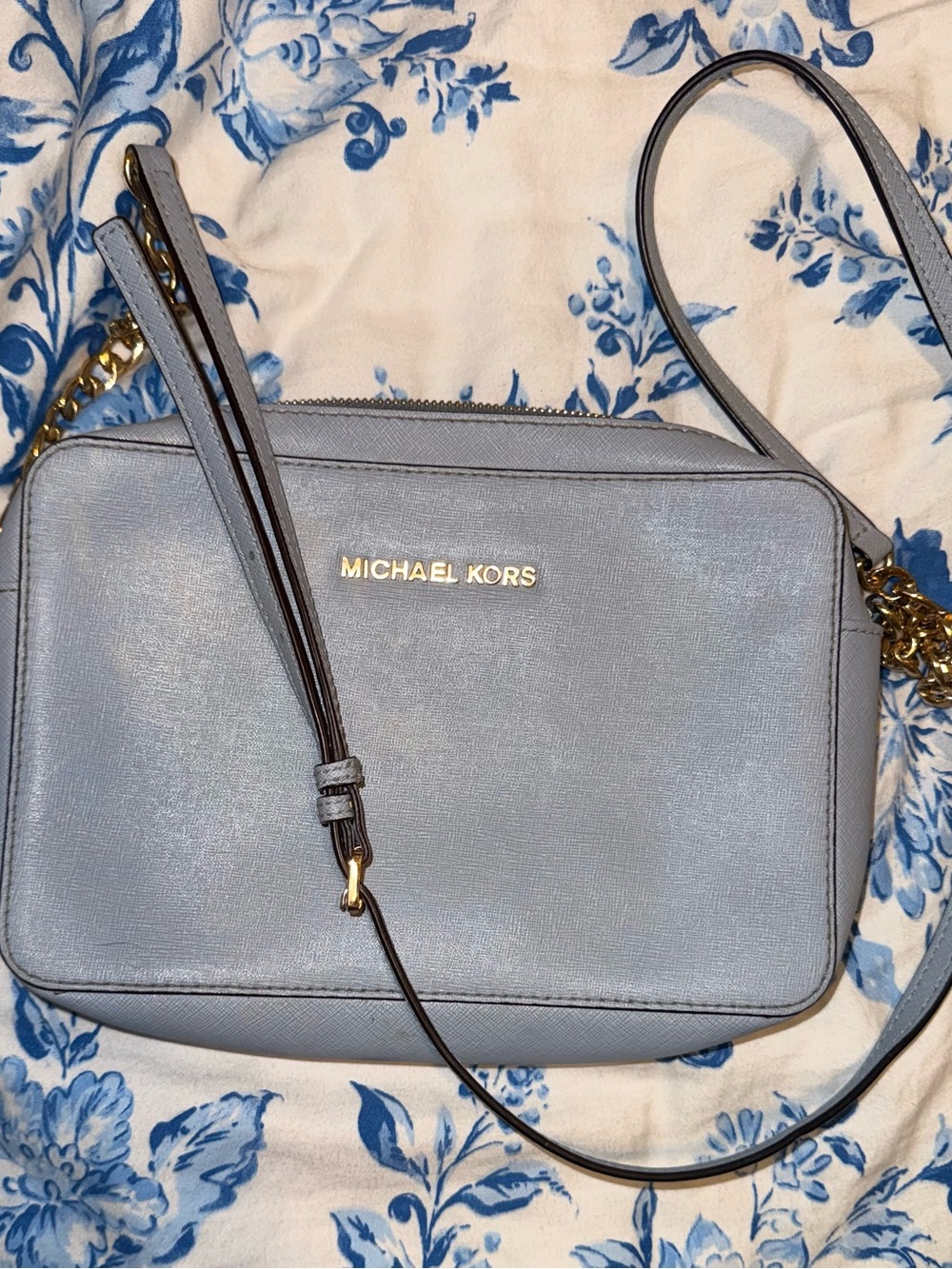 Michael Kors Powder Blue Saffiano Crossbody Bag with Gold Hardware